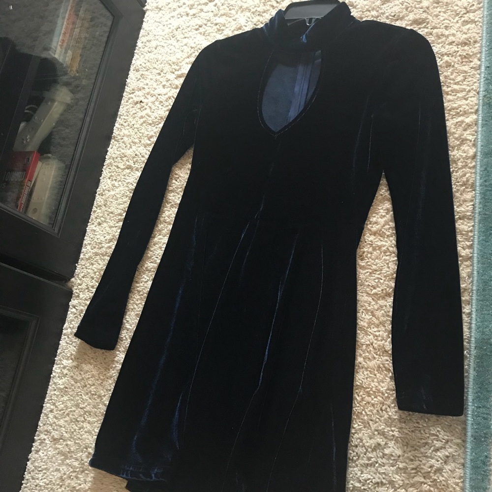 High neck, velvet navy skater dress